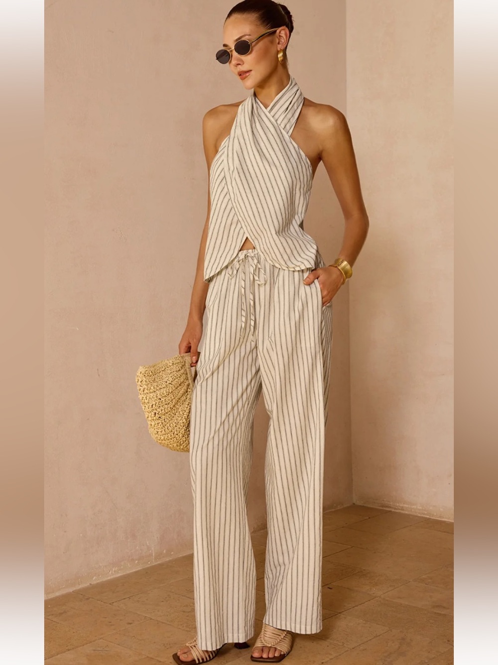 Commense Striped Cotton Linen Halter Top & Pants Set